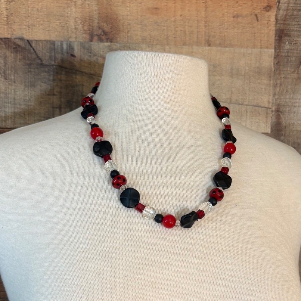 Handmade Ladybug Beaded Necklace Red Black Glass Acrylic 22 Inch Toggle Clasp